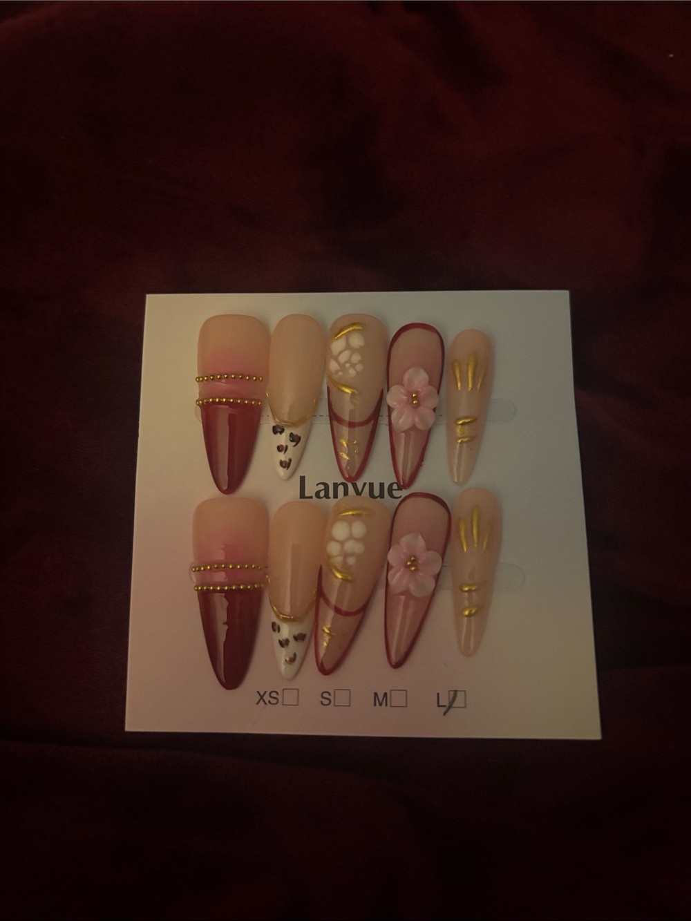 Pink & Burgundy Press-On Nail Set with Gold Accents